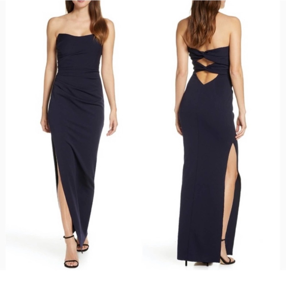 Katie May Sway Column Strapless Cutout Gown in Navy / Sz. Medium On Revolve Gala